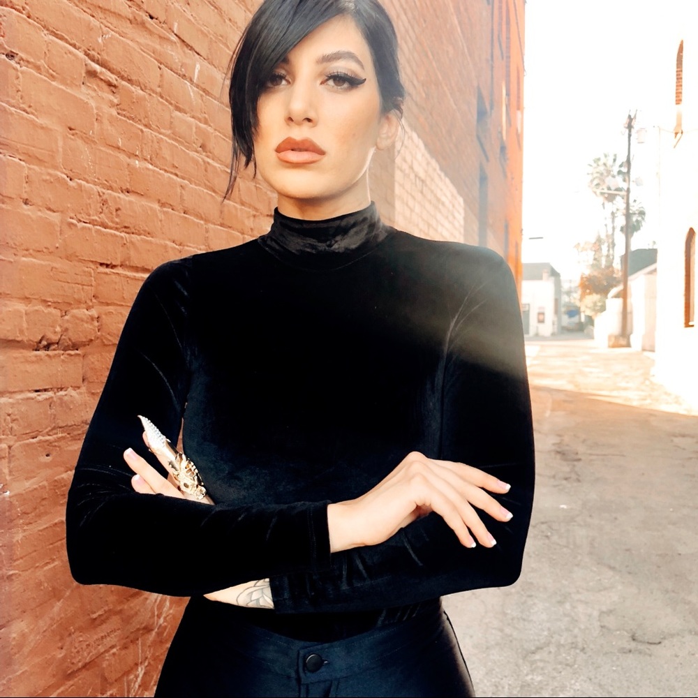 Black Velvet Bodysuit - Mod Audrey Turtleneck Top - Picture 5 of 6